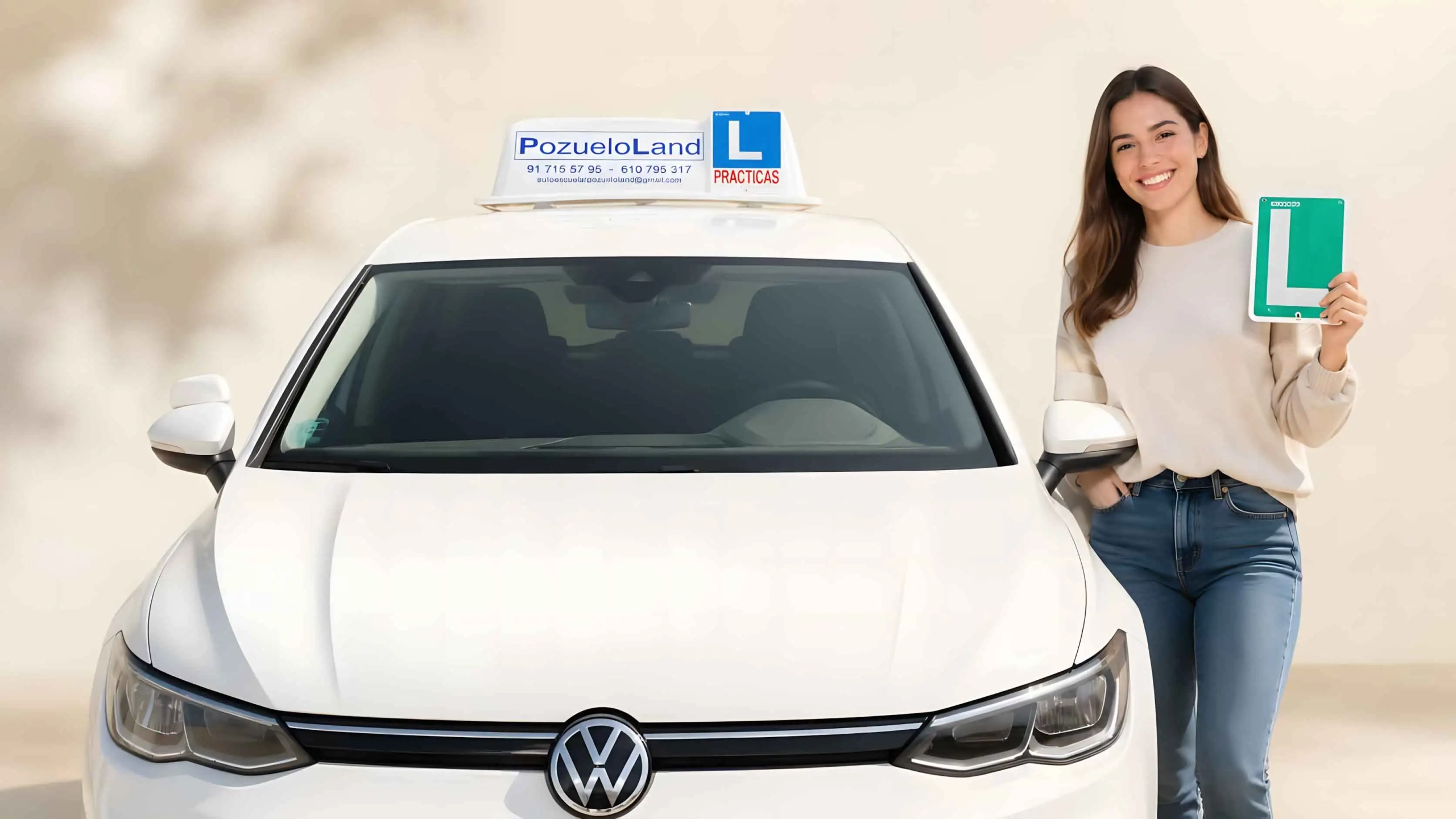 Alumna de PozueloLand junto a su coche de prácticas, sosteniendo la L de aprobado