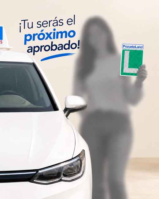Imagen difuminada de una persona con la placa L de la autoescuela PozueloLand en Pozuelo de Alarcón y el texto motivacional '¡Tú serás el próximo aprobado!'